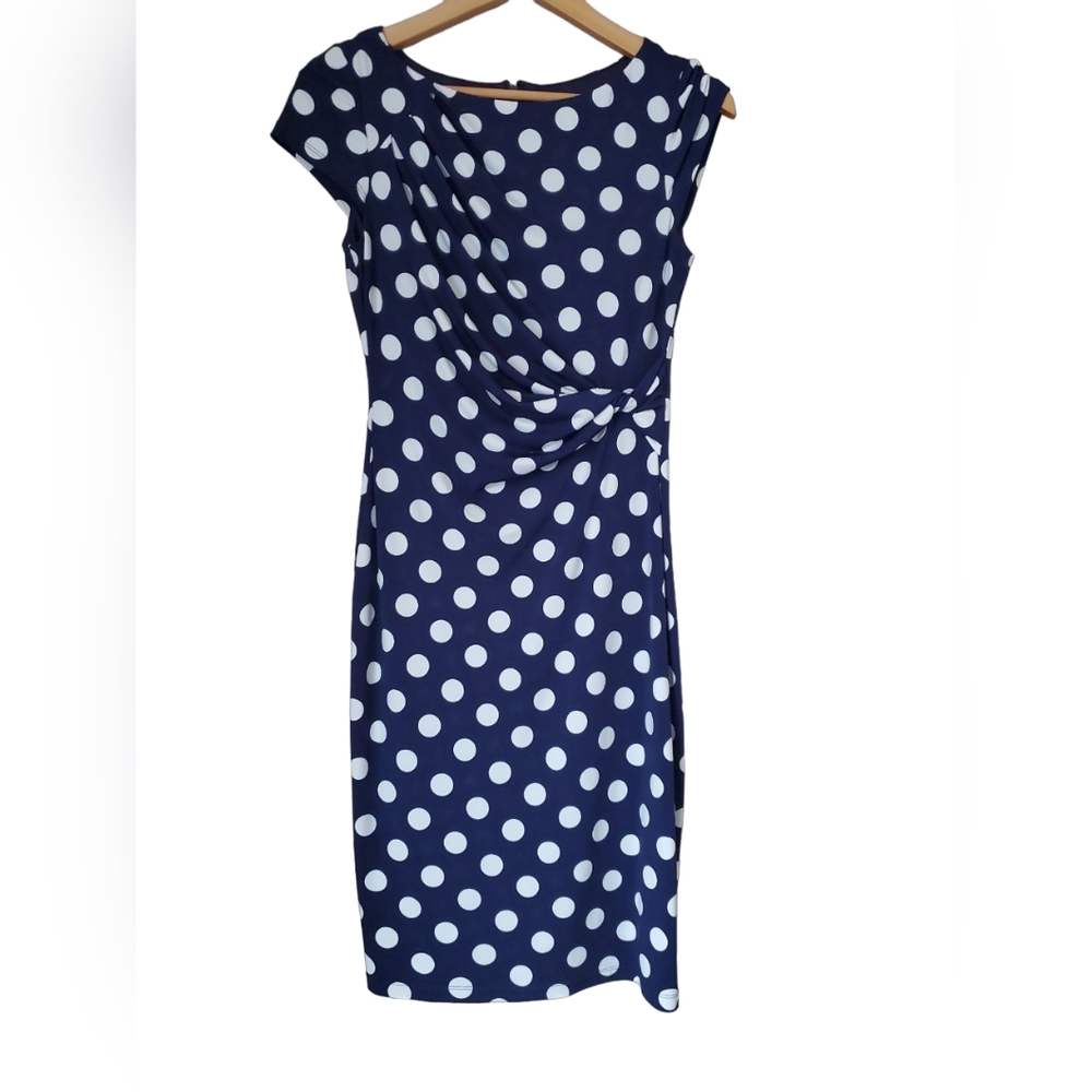 Eliza J Women Short Sleeve A Line Dress Lined Big Polka Dot Soft Stretch Blue 4